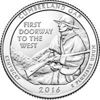 reverse of 1/4 Dollar - Cumberland Gap National Historical Park (2016) coin with KM# 636 from United States. Inscription: CUMBERLAND GAP FIRST DOORWAY TO THE WEST KENTUCKY E PLURIBUS UNUM 2016