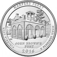 reverse of 1/4 Dollar - Harpers Ferry National Historical Park - Washington Quarter (2016) coin with KM# 637 from United States. Inscription: HARPERS FERRY JOHN BROWN’S FORT WEST VIRGINIA E PLURIBUS UNUM 2016