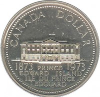 reverse of 1 Dollar - Elizabeth II - 100th Anniversary to Accession of Prince Edward Island (1973) coin with KM# 82 from Canada. Inscription: CANADA DOLLAR 1873 PRINCE 1973 EDWARD ISLAND ÎLE DU PRINCE ÉDOUARD