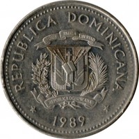 obverse of 1/2 Peso - National Culture (1989 - 1990) coin with KM# 73 from Dominican Republic. Inscription: REPUBLICA DOMINICANA DIOS PATRIA LIBERTA REPUBLICA DOMINICANA 1989