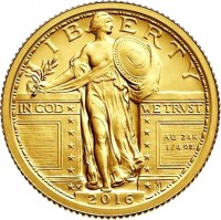 obverse of 1/4 Dollar - Standing Liberty Quarter Centennial (2016) coin with KM# 642 from United States. Inscription: LIBERTY IN GOD WE TRUST AU 24K 1/4 oz. 2016