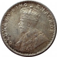 obverse of 1/4 Rupee - George V (1912 - 1936) coin with KM# 518 from India. Inscription: GEORGE V KING EMPEROR