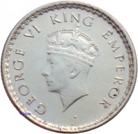 obverse of 1/4 Rupee - George VI (1940) coin with KM# 545 from India. Inscription: GEORGE VI KING EMPEROR