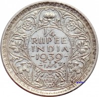 reverse of 1/4 Rupee - George VI (1940) coin with KM# 545 from India. Inscription: 1/4 RUPEE INDIA 1940 چار آنہ