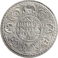 reverse of 1 Rupee - George VI (1939 - 1943) coin with KM# 556 from India. Inscription: ONE RUPEE INDIA 1940 یک روپیہ