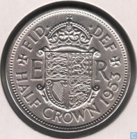 reverse of 1/2 Crown - Elizabeth II - With BRITT:OMN; 1'st Portrait (1953) coin with KM# 893 from United Kingdom. Inscription: FID. .DEF ER HALF CROWN 1953