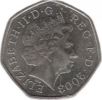 obverse of 50 Pence - Elizabeth II - 100th Anniversary of the Formation of the Women's Social and Political Union - 4'th Portrait (2003) coin with KM# 1036 from United Kingdom. Inscription: ELIZABETH · II · D · G REG · F · D · 2003 IRB