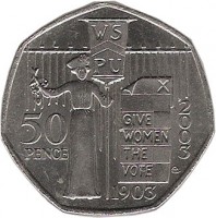 reverse of 50 Pence - Elizabeth II - 100th Anniversary of the Formation of the Women's Social and Political Union - 4'th Portrait (2003) coin with KM# 1036 from United Kingdom. Inscription: WS PU GIVE WOMEN THE VOTE 2003 50 PENCE 1903