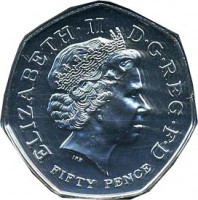 obverse of 50 Pence - Elizabeth II - 250th Anniversary of Royal Botanical Gardens at Kew - 4'th Portrait (2009) coin with KM# 1114 from United Kingdom. Inscription: ELIZABETH · II D · G · REG · F · D FIFTY PENCE IRB