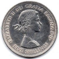 obverse of 5 Shillings - Elizabeth II - British Exhibition in New York (1960) coin with KM# 909 from United Kingdom. Inscription: ELIZABETH II DEI GRATIA REGINA F · D · FIVE SHILLINGS