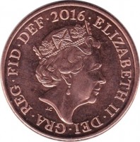 obverse of 2 Pence - Elizabeth II - 5'th Portrait (2015 - 2017) coin with KM# 1333 from United Kingdom. Inscription: ELIZABETH II ∙ DEI ∙ GRA ∙ REG ∙ FID ∙ DEF ∙ 2015 JC