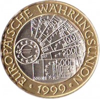 obverse of 50 Schilling - European Monetary Union (1999) coin with KM# 3057 from Austria. Inscription: EUROPÄISCHE WÄHRUNGSUNION · 1999 ·