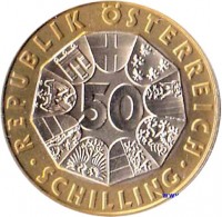 reverse of 50 Schilling - European Monetary Union (1999) coin with KM# 3057 from Austria. Inscription: REPUBLIK ÖSTERREICH 50 · SCHILLING ·