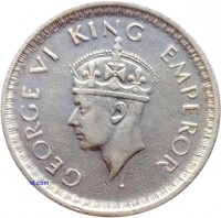 obverse of 1/2 Rupee - George VI (1942 - 1945) coin with KM# 552 from India. Inscription: GEORGE VI KING EMPEROR