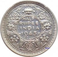 reverse of 1/2 Rupee - George VI (1942 - 1945) coin with KM# 552 from India. Inscription: HALF RUPEE INDIA 1945 هشت آنہ