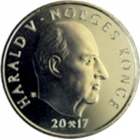 obverse of 20 Kroner - Harald V - 100th Anniversary of the First Sami Congress (2017) coin with KM# 493 from Norway. Inscription: HARALD V ∙ NORGES KONGE 20 17