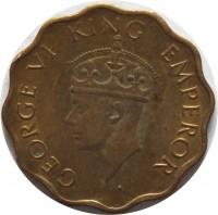 obverse of 1 Anna - George VI - 2'nd Portrait; Small Crown; Low Relief (1945) coin with KM# 539 from India. Inscription: GEORGE VI KING EMPEROR