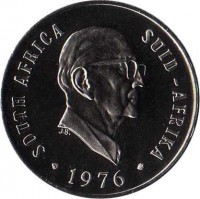 obverse of 10 Cents - The end of Jacobus Johannes Fouché's presidency (1976) coin with KM# 94 from South Africa. Inscription: SOUTH AFRICA SUID - AFRIKA J.B. · 1976 ·