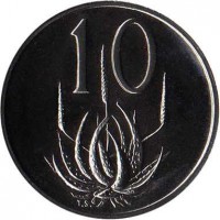 reverse of 10 Cents - The end of Jacobus Johannes Fouché's presidency (1976) coin with KM# 94 from South Africa. Inscription: 10 T.S.