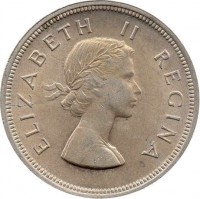 obverse of 2 1/2 Shillings - Elizabeth II - 1'st Portrait (1953 - 1960) coin with KM# 51 from South Africa. Inscription: ELIZABETH II REGINA