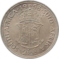 reverse of 2 1/2 Shillings - Elizabeth II - 1'st Portrait (1953 - 1960) coin with KM# 51 from South Africa. Inscription: SOUTH AFRICA · 19 58 · SUID-AFRIKA 2½ S KG