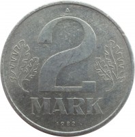 reverse of 2 Mark (1972 - 1990) coin with KM# 48 from Germany. Inscription: 2 MARK 1983