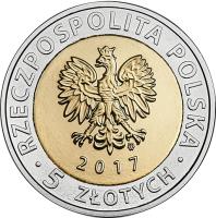 obverse of 5 Złotych - Discover Poland: The Holy Trinity Chapel at Lublin Castle (2017) coin with Y# 975 from Poland. Inscription: RZECZPOSPOLITA POLSKA MW 2017 • 5 ZŁOTYCH •