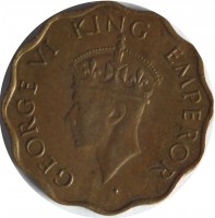 obverse of 1 Anna - George VI - Large crown; Low relief; 2'nd Portrait (1942 - 1945) coin with KM# 537a from India. Inscription: GEORGE VI KING EMPEROR