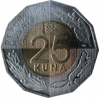 reverse of 25 Kuna - 25th Anniversary of Independence of the Republic of Croatia (2016) coin with KM# 111 from Croatia. Inscription: 25TH ANNIVERSARY OF INDEPENDENCE OF THE REPUBLIC OF CROATIA REPUBLIKA HRVATSKA 25 KUNA DM 25TH ANNIVERSARY OF INDEPENDENCE