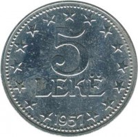 reverse of 5 Lek (1947 - 1957) coin with KM# 38 from Albania. Inscription: 5 LEKË 1957