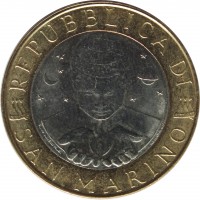 obverse of 1000 Lire - Geology (1998) coin with KM# 384 from San Marino. Inscription: REPUBBLICA DI SAN MARINO