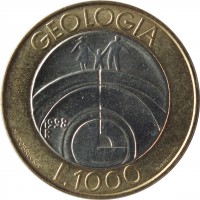 reverse of 1000 Lire - Geology (1998) coin with KM# 384 from San Marino. Inscription: GEOLOGIA 1998 R M. DOBRUCKA L. 1000 FRAPICCINI INC.