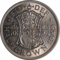 reverse of 1/2 Crown - George VI - Without IND:IMP (1949 - 1952) coin with KM# 879 from United Kingdom. Inscription: · FID · · DEF · GG GG K G HALF CROWN 1950