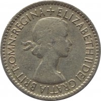 obverse of 6 Pence - Elizabeth II - With BRITT:OMN; 1'st Portrait (1953) coin with KM# 889 from United Kingdom. Inscription: + ELIZABETH II DEI GRATIA BRITT:OMN:REGINA