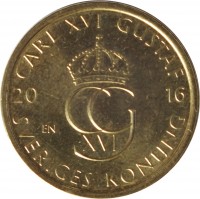 obverse of 5 Kronor - Carl XVI Gustaf (2016) coin with KM# 930 from Sweden. Inscription: CARL XVI GUSTAF EN 20 16 SVERIGES KONUNG