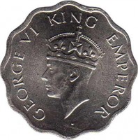 obverse of 1 Anna - George VI - 2'nd Portrait; Small Crown; Low Relief (1946 - 1947) coin with KM# 538 from India. Inscription: GEORGE VI KING EMPEROR