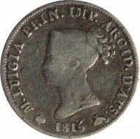 obverse of 5 Soldi - Maria Luigia (1815 - 1830) coin with C# 26 from Italian States. Inscription: M. LUIGIA PRIN. IMP. ARCID. D'AUS. 1815