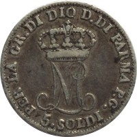 reverse of 5 Soldi - Maria Luigia (1815 - 1830) coin with C# 26 from Italian States. Inscription: PER LA GR.DI DIO D.DI PARMA P.G. 5. SOLDI