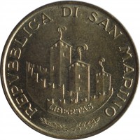 obverse of 200 Lire - The Gates of San Marino (1993) coin with KM# 300 from San Marino. Inscription: REPVBBLICA DI SAN MARINO LIBERTAS