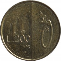 reverse of 200 Lire - The Gates of San Marino (1993) coin with KM# 300 from San Marino. Inscription: L.200 1993 R INC. DRIUTTI G.F. MALISON