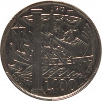 reverse of 100 Lire - The Dissemination of Culture (1973) coin with KM# 28 from San Marino. Inscription: 1973 VEROI L.100