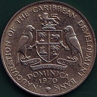 obverse of 4 Dollars - Elizabeth II - FAO: Inauguration of the Caribbean Development Bank (1970) coin with KM# 11 from Dominica. Inscription: INAUGURATION OF THE CARIBBEAN DEVELOPMENT BANK DOMINICA 1970