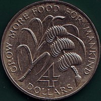 reverse of 4 Dollars - Elizabeth II - FAO: Inauguration of the Caribbean Development Bank (1970) coin with KM# 11 from Dominica. Inscription: GROW MORE FOOD FOR MANKIND 4 DOLLARS