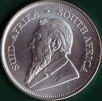 obverse of 1 Krugerrand (2018 - 2021) coin from South Africa. Inscription: SUID-AFRIKA · SOUTH AFRICA