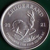 reverse of 1 Krugerrand (2018 - 2021) coin from South Africa. Inscription: KRUGERRAND 20 21 FYNSILWER 1 OZ FINE SILVER R1