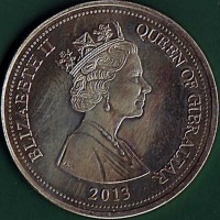 obverse of 3 Pounds - Elizabeth II - Tercentenary of the Treaty of Utrecht (2013) coin from Gibraltar. Inscription: ELIZABETH II QUEEN OF GIBRALTAR RDM 2013