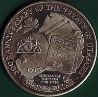 reverse of 3 Pounds - Elizabeth II - Tercentenary of the Treaty of Utrecht (2013) coin from Gibraltar. Inscription: · 300TH ANNIVERSARY OF THE TREATY OF UTRECHT · TRACTATUS PACIS & AMICITIÆ INTER TREATY OF PEACE AND FRIENDSHIP 1713 GIBRALTAR BRITISH FOREV