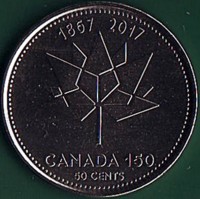 reverse of 50 Cents - Elizabeth II - 150 Years of Confederation of the Dominion of Canada (2017) coin from Canada. Inscription: 1867 2017 CANADA 150 50 CENTS