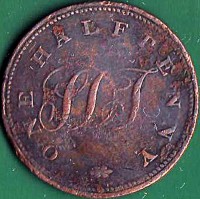 obverse of 1/2 Penny - George IV (1821) coin with KM# Tn1 from Saint Helena. Inscription: ONE HALF PENNY * S D T