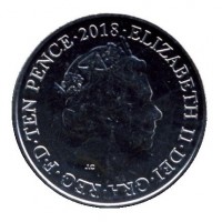 obverse of 10 Pence - Elizabeth II - Letter V - Village - 5'th Portrait (2018 - 2019) coin from United Kingdom. Inscription: ELIZABETH II ∙ DEI ∙ GRA ∙ REG ∙ F ∙ D ∙ TEN PENCE ∙ 2018 ∙ J.C